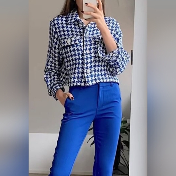 🦄 Zara Tweed Botton Blue Plaid Women's Cropped Top - Picture 5 of 9